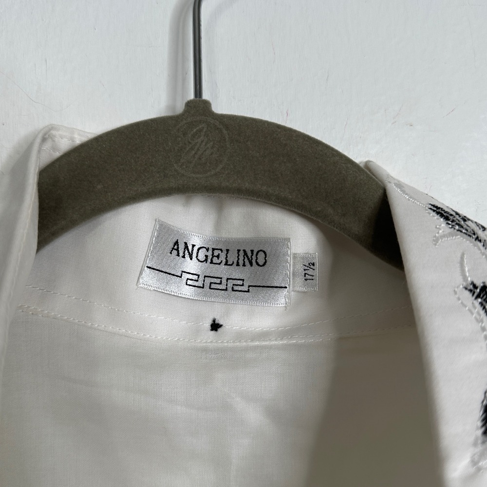 Angelino Mens White Embroidered Button Down Shirt Baroque Long Sleeve 17.5 - Picture 2 of 6